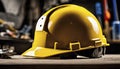 yellow helmet on the table, construction equipments on the table, building helmet background Royalty Free Stock Photo