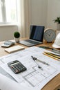Engineering and Architecture Drawings with Calculator, Pencils and Compasses Royalty Free Stock Photo