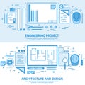 Engineering and architecture. Drawing construction. Architectural project. Design sketching. Workspace with tools Royalty Free Stock Photo