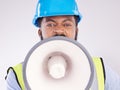 Engineering black man, megaphone and construction in studio portrait for angry shouting by white background. Engineer Royalty Free Stock Photo