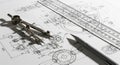 Engineering Blueprint with Drafting Tools and Technical Drawing Royalty Free Stock Photo