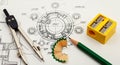 Engineering Blueprint with Drawing Tools Pencil Compass and Sharpener technical drawing plan Royalty Free Stock Photo