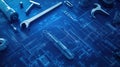 Engineering blueprint with mechanical tools and components Royalty Free Stock Photo