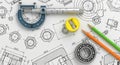 Engineering Blueprint with Micrometer Pencils and Bearing on White Paper drawing technical Royalty Free Stock Photo