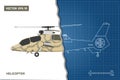 Engineering blueprint of military helicopter. Helicopters view: top, side and front. Industrial drawing