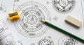 Engineering Blueprint with Pencil, Eraser, and Sharpener technical drawing Royalty Free Stock Photo