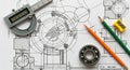 Engineering Blueprint with Precision Measuring Tools Including a Caliper, Bearing, and Pencils for Technical Drawing and Design Royalty Free Stock Photo