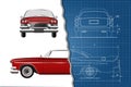 Engineering blueprint of retro car. Vintage cabriolet. Front, side and back view. Industrial drawing