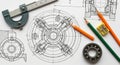 Engineering Blueprint with Drafting Tools and Mechanical Components technical drawing Royalty Free Stock Photo