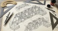 Engineering Blueprint of a Bridge with Traditional Drafting Tools Royalty Free Stock Photo
