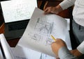 Engineering, consulting, design, construction, with colleagues, plan design, details, industrial drawing and many drawing tools