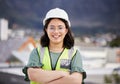 Engineering, crossed arms and portrait of a female construction worker on a building rooftop. Confidence, industry and Royalty Free Stock Photo