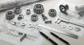 Precision Engineering Mechanical Design with Blueprint, Bearings, Bolts, and Measuring Tools. Royalty Free Stock Photo
