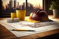 Engineering design drawing. Architecture planning with helmet. Generative AI Royalty Free Stock Photo