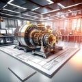 engineering designer designing in 3D CAD software program - industrial engine model, mechanical dimensional precision