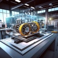 engineering designer designing in 3D CAD software program - industrial engine model, mechanical dimensional precision