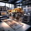 engineering designer designing in 3D CAD software program - industrial engine model, mechanical dimensional precision