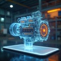 Engineering designer uses 3D CAD software to create industrial engine model. Mechanical dimensional digital manufacturing Royalty Free Stock Photo