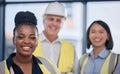 Engineering, diversity and portrait of a industrial team working on a construction project. Collaboration, multiracial Royalty Free Stock Photo