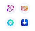 Engineering documentation, Time management and Like icons set. Load document sign. Manual, Settings, Thumbs up. Vector