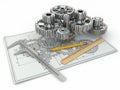 Engineering drawing. Gear, trammel, pencil and draft. Royalty Free Stock Photo