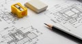 Engineering Drawing with Pencil Eraser and Sharpener Tools blueprint technical drawing Royalty Free Stock Photo