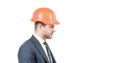 Engineering. Engineer side-face isolated on white. Serious engineer in hardhat. Profile portrait Royalty Free Stock Photo