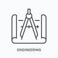 Engineering flat line icon. Vector outline illustration of architecture blueprint with compass. Construction project