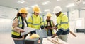 Engineering group, blueprint planning and tablet at construction site, warehouse or design development, Industry people Royalty Free Stock Photo