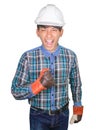 Engineering hand fist making symbol wear Striped shirt blue and glove leather with white safety helmet plastic On head white Royalty Free Stock Photo