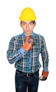 Engineering hand with the fist making symbol wear Striped shirt blue and glove leather with yellow safety helmet plastic On head Royalty Free Stock Photo