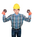 Engineering hand with the fist making symbol wear Striped shirt blue and glove leather with yellow safety helmet plastic On head Royalty Free Stock Photo