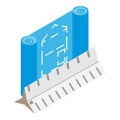 Engineering icon isometric vector. Construction building drawing and white ruler