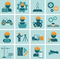 Engineering icon set. Engineer construction equipment machine operator managing and manufacturing icons