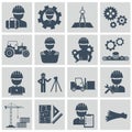 Engineering icon set. Engineer construction equipment machine operator managing and manufacturing icons