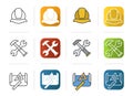 Engineering icons set. Flat design, linear and color styles. Helmet, hammer wrench options, drawing measuring rulers