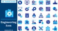 Engineering and Industrial Icons set. 30 Blue Solid Vector Symbols for Manufacturing and Technology Royalty Free Stock Photo