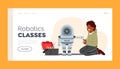 Engineering and Intelligence Classes for Kids Landing Page Template. Little Boy Study Robotics. Cute Boy Building Robot