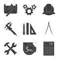 Engineering items and tools concepts icons set. Silhouette symbols. Drawing, gears, helmet, caliper, divider, hammer and