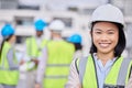 Engineering, leadership and portrait of a woman construction worker on an outdoor site. Confidence, happy and Asian Royalty Free Stock Photo