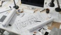 Engineering office printing wide design blueprints on large plotter generative ai photography
