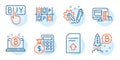 Online payment, Buying and Upload file icons set. Engineering, Parking place and Bitcoin signs. Vector