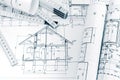 engineering plans of house renovation and folding ruler on architects workspace Royalty Free Stock Photo