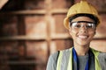 Engineering, portrait and woman construction worker on site working on a renovation project. Face, smile and happy Royalty Free Stock Photo