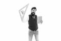 Engineering is science to solve problems. Excited hipster hold triangle and book isolated on white. Teaching engineering