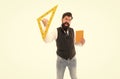 Engineering is science to solve problems. Excited hipster hold triangle and book isolated on white. Teaching engineering