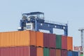Engineering shipping crane depot at logistic export terminal control. Warehouse freight background container yard loading quayside