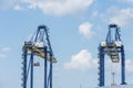 Engineering shipping crane depot at logistic export terminal control. Warehouse freight background container yard loading quayside