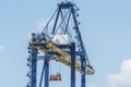 Engineering shipping crane depot at logistic export terminal control. Warehouse freight background container yard loading quayside