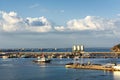 Engineering shipping crane depot at logistic export terminal control. Warehouse freight background container yard loading quayside